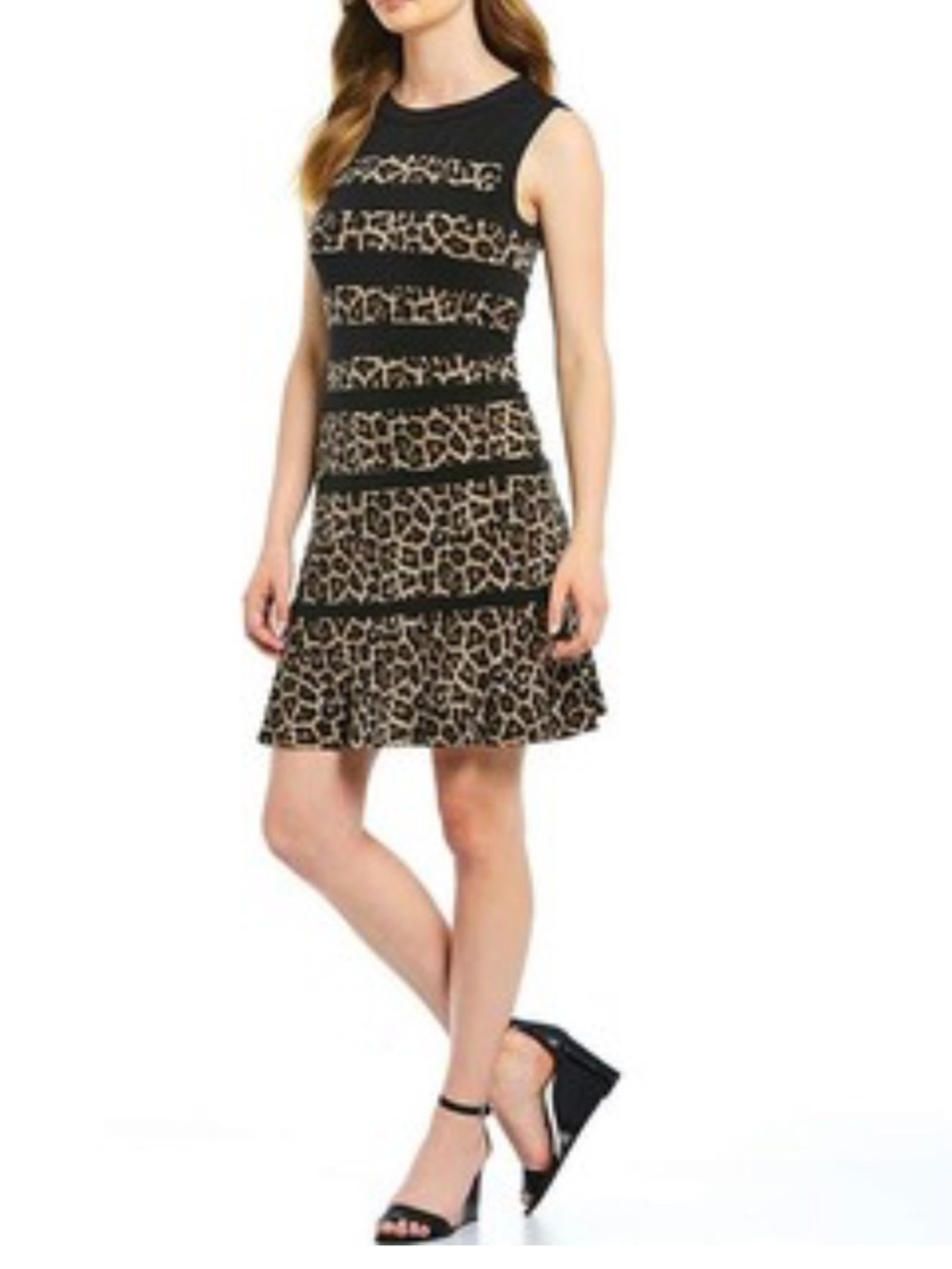 Michael Kors Black and Tan Leopard-Panel Dress